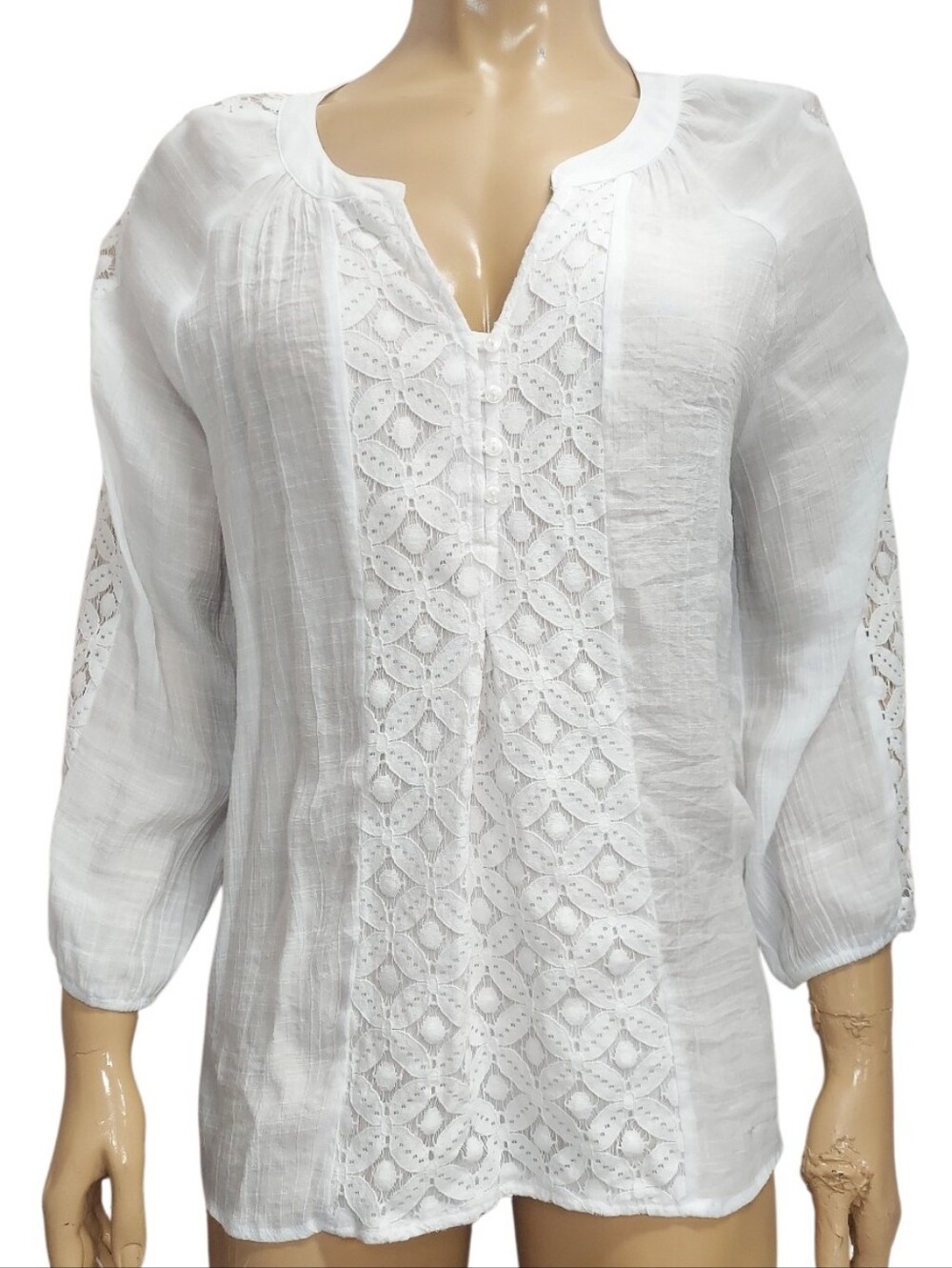 Counterparts Boho Style White Crochet Lace Panel V Neckline Peasant Blouse